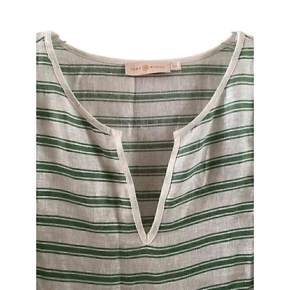 Tory Burch Striped Linen Caftan Size Small Midi Green White Tassels Swim coverup